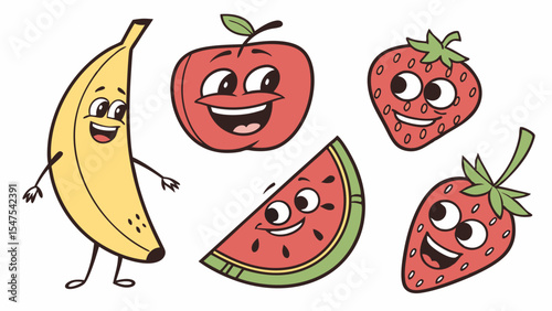 Cute happy cartoon fruits vector illustration isolated on white background banana apple watermelon strawberries.