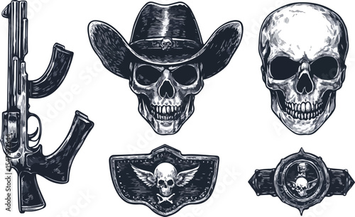 Monochrome Vector Illustration Featuring a Collection of Skulls a Revolver and Western Themed Designs Ideal for Tattoo Art Graphic Design or Edgy Visual Projects