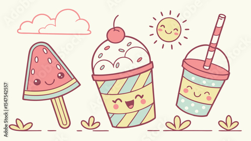Cute Kawaii Summer Desserts Drinks Illustration Happy Ice Cream Popsicle Sundae Cartoon Graphic