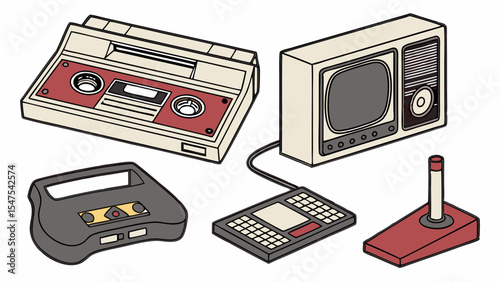 Old School 80s Computer and Gaming Gear Retro Vintage Technology Cassette Player TV Keyboard Joystick Cartridge