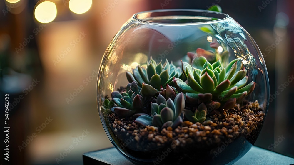 Fototapeta premium Lush succulents thrive in a glass terrarium.