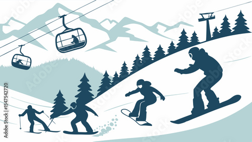 Winter Sports Scene People Skiing And Snowboarding On Snowy Mountain With Ski Lifts