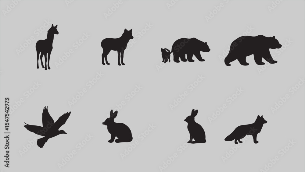 Obraz premium Silhouette Icons Giraffe, Deer, Bears, Rabbit, Fox, and Bird – Wildlife Vector Set