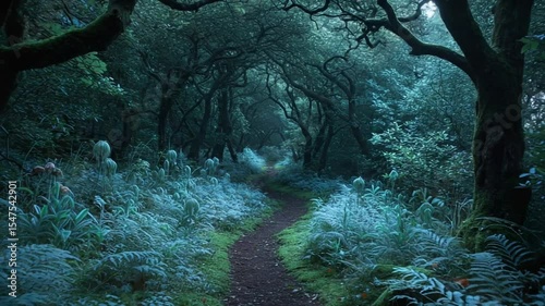 Serene forest pathway leading through lush greenery at dusk