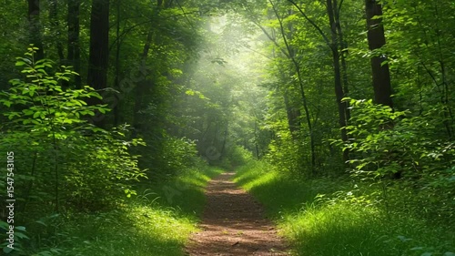 Serene forest pathway surrounded by lush greenery and sunlight