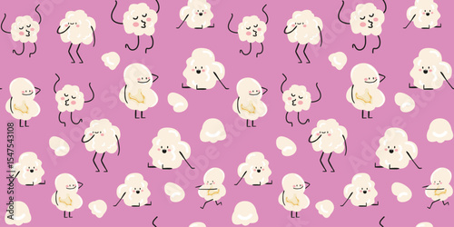 Seamless pattern with cartoon kawaii popcorn characters. Cinema, movie theater concept. Funny movie mascot. Vector illustration in doodle retro style on pink background