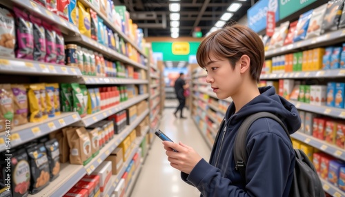 Wallpaper Mural a teenager scanning a barcode in store to check online price, representing price checking behavior Torontodigital.ca