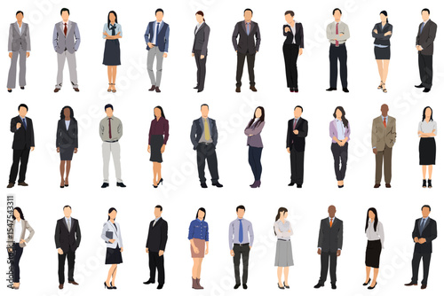 Multinational business team. Vector illustration of diverse cartoon men, women of various ethnicities, ages, body types in casual office outfits. Set of different business people Isolated 