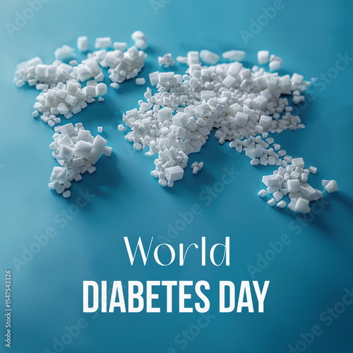 World Diabetes Day Creative world map made from sugar cubes on a light blue background