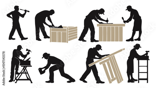 Silhouettes of People Working with Wood Building Construction DIY Home Improvement Craftsmanship
