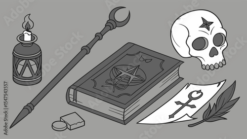 Mysterious Magic Occult Witchcraft Fantasy Ritual Items Symbols Skull Spellbook Staff Candle Illustration