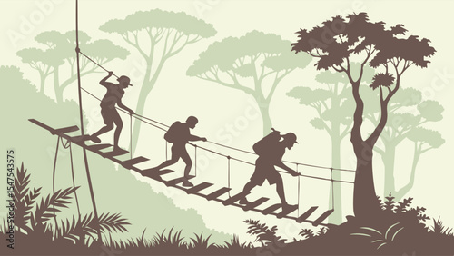 Silhouette people crossing rope bridge in jungle, adventure travel