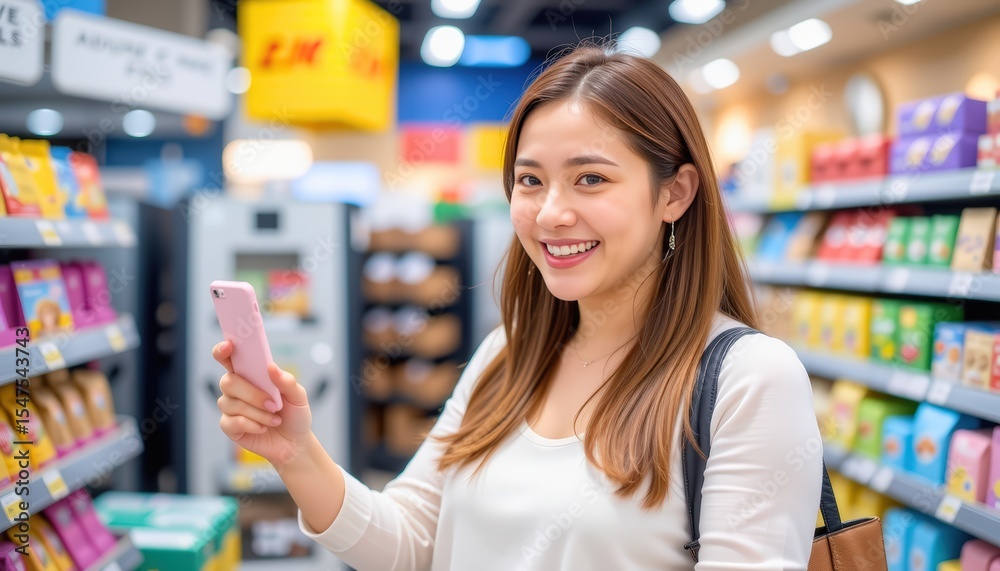 a shopper enthusiastically posting a photo of their purchase on social media with hashtags a shopper enthusiastically posting a photo of their purchase on social media with hashtags
