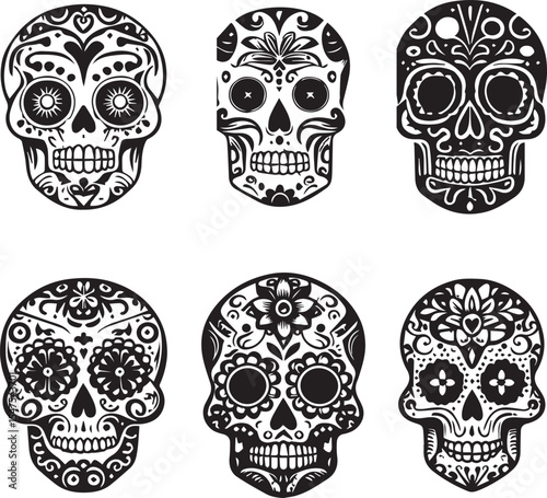 Black and White Vector Set of Decorative Sugar Skulls for Dia de los Muertos Celebrations Featuring Intricate Floral Patterns in Traditional Mexican Folk Art Style