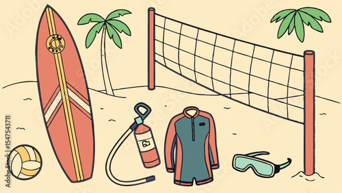 Summer beach sports and water activities equipment set on sand with surfboard volleyball net wetsuit goggles tropical.