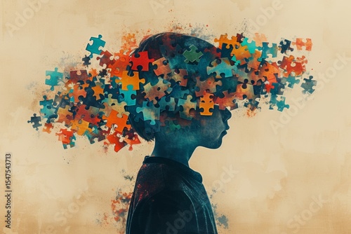 Side View of Child with Puzzle Pieces Representing Complex Thoughts