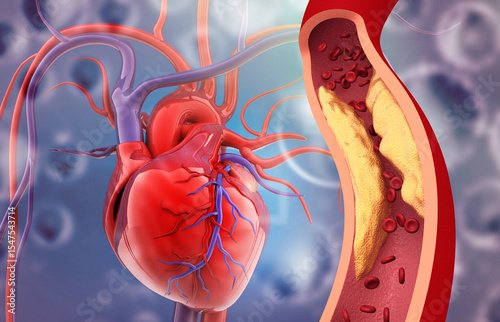 Human heart anatomy with clogged artery. 3d illustration