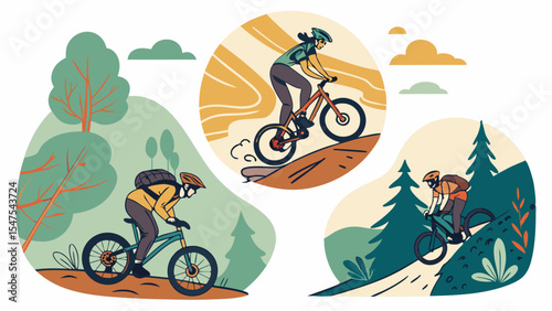 Outdoor mountain biking illustration. Active people riding bikes on forest trails and hills. Sport, adventure, and healthy lifestyle.