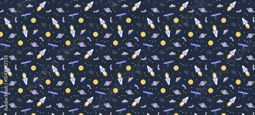 Space Banner background. Illustration Cosmos icons rocket cosmonaut stars satellite telescope comet.
