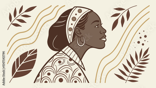 Beautiful Black Woman Profile Portrait Illustration Headscarf Nature Leaves Organic Art Design