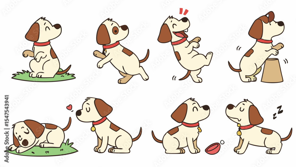 Fototapeta premium Funny and Cute Cartoon Dog Illustration Set. Puppy Character in Various Poses, Actions, and Emotions.