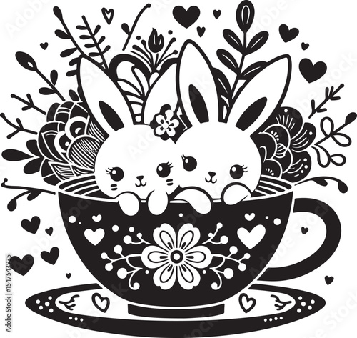Cute Floral Bunny in Teacup SVG

