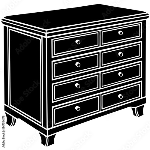 Black dresser with eight drawers isolated on white background
