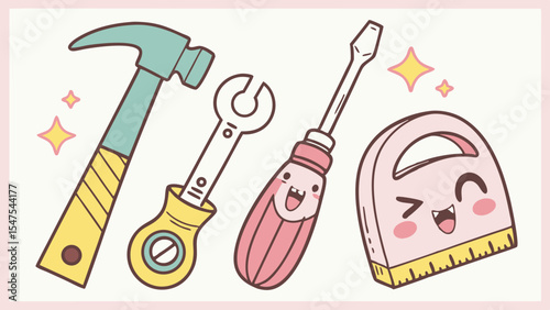 Cute Kawaii cartoon hand tools set hammer wrench screwdriver measuring tape pastel colors DIY home repair construction.