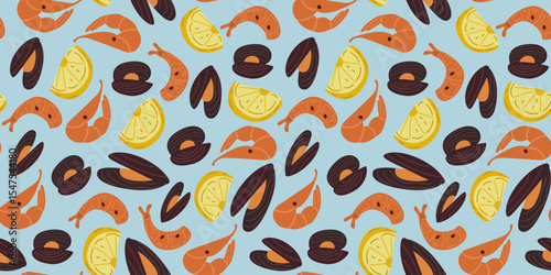 Seafood seamless pattern. Mediterranean illustration for wallpaper, textile, fabric, background, wrapping paper. Vector hand drawn art with shrimp, mussels, lemon