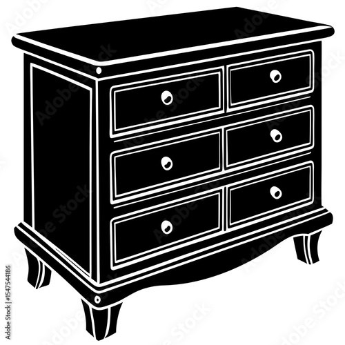 Black dresser with six drawers isolated on white background