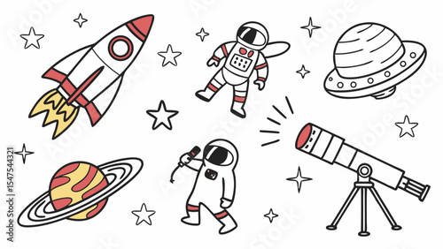 Simple space cartoon set rocket astronaut planet UFO telescope stars science education kids vector illustration