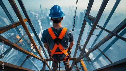Construction Worker in Safety Harness Standing on Steel Frame High Above Urban City Skyline on Foggy Morning


