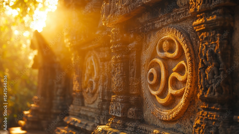Obraz premium Carved stone wall with circular patterns illuminated by sunlight in an outdoor setting.