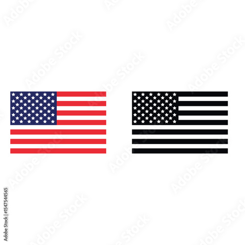 Set of USA national flags with classic and monochrome styles, symbolizing patriotism and national identity. Vector illustration of the American flag in full color and black-and-white version.
