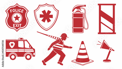 Safety Emergency Services First Responders Construction Traffic Control Icons Set Red Vector