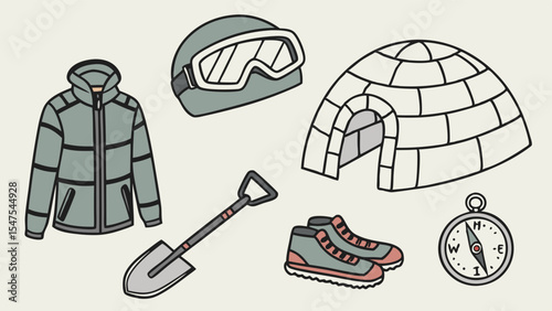 Winter survival gear and equipment set igloo jacket boots shovel compass goggles isolated