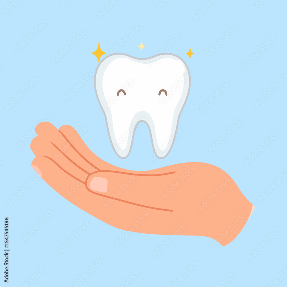 A cartoon hand holds a tooth with stars around it set against a light blue background A cartoon hand holds a tooth with stars around it set against a light blue background
