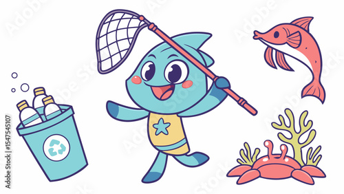 Happy cartoon fish character recycling ocean trash environmental protection marine life illustration