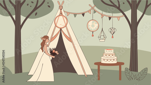 Happy Bride at Bohemian Outdoor Wedding with Teepee Tent, Cake, Decorations