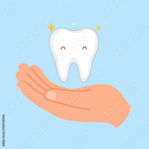 A cartoon hand holds a tooth with stars around it set against a light blue background