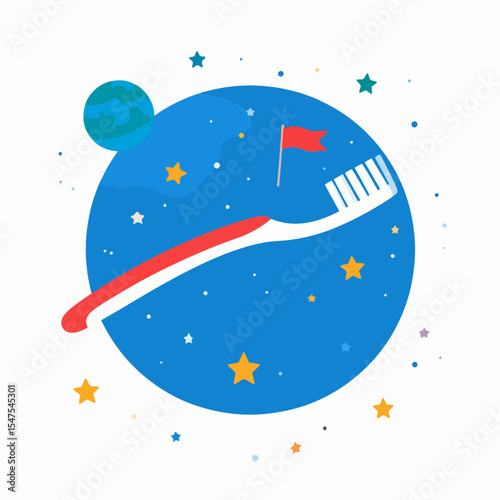 Toothbrush reaches flag atop blue space globe sprinkled with stars