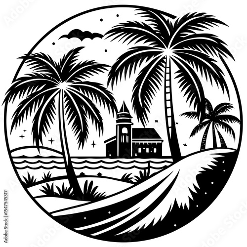 Tropical island beach scene with palm trees and a church silhouette
