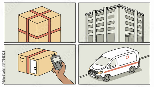 Shipping and delivery process logistics supply chain package scanning warehouse and delivery van service