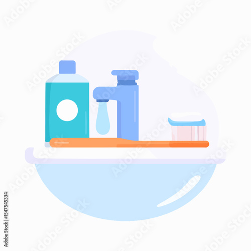 A stylized illustration depicts oral hygiene items mouthwash faucet with dripping water toothbrush with toothpaste and a light blue sink