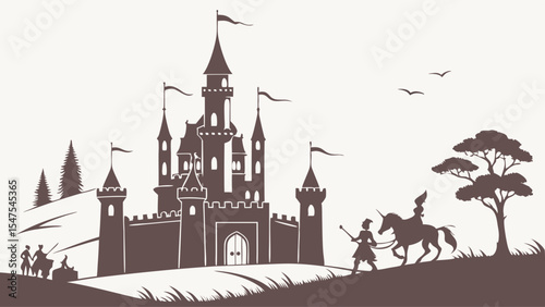 Medieval Fantasy Castle Silhouette Knights Horse Unicorn Fairytale Adventure Journey Graphic Illustration Vector