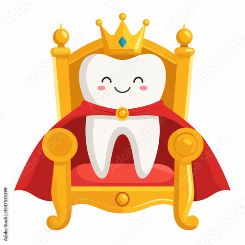 A smiling tooth sits on a golden throne wearing a crown and a red cape