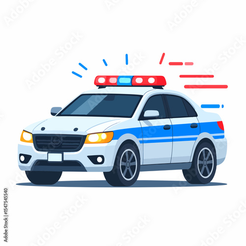 A pixel art illustration of a white police car complete with a light bar blue and red accents and stylized speed lines