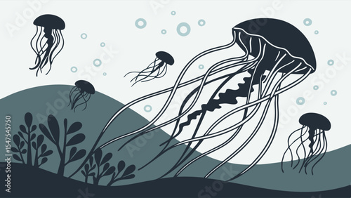 Jellyfish swimming in the deep blue ocean underwater silhouette illustration marine life background nature animal sea