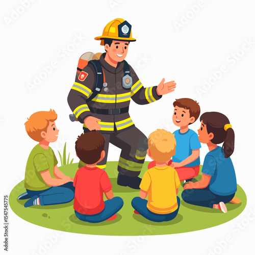 A firefighter in uniform speaks to a group of children seated in a circle on a grassy area