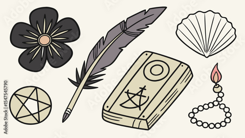 Collection of Hand Drawn Magic Witchcraft Occult Symbols and Objects Illustration Book Feather Flower Shell Pentagram Beads